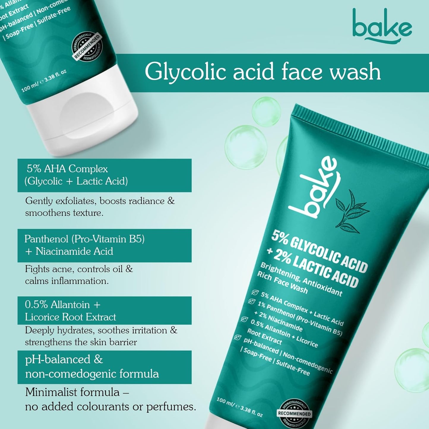 BAKE 5% Glycolic Acid Face Wash for Dark Spots & Pigmentation | For Tan Removal & Dull Skin | Daily Brightening & Glowing Face Wash - 100ml