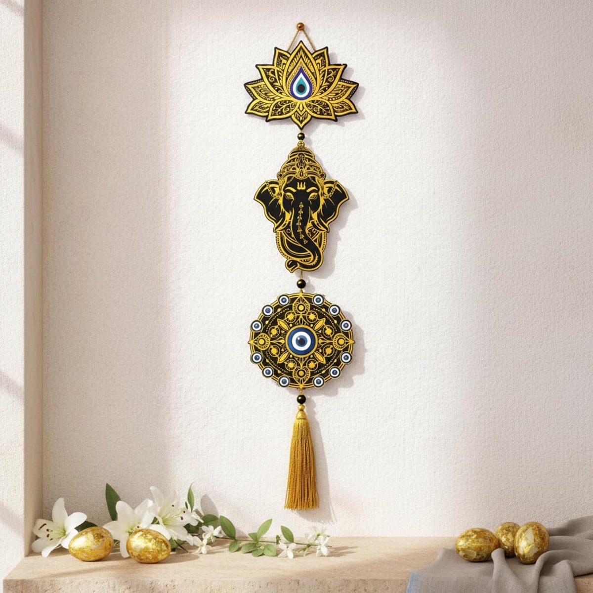 eCraftIndia Gold Foil Embossed Wooden Evil Eye Lotus Ganesha Wall Hanging for Home Office