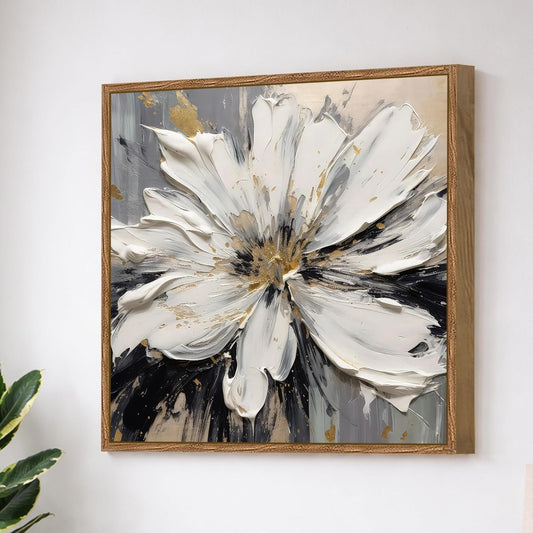 Abstract White Flower Framed Painting For Living Room | Modern Impasto Floral Large Canvas Painting With Frame Wall Art For Bedroom, Hallway's, Office, Hotel, Size 58x58 cm