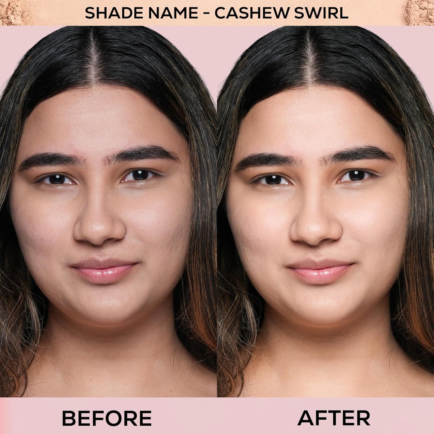 Before and after comparison of a woman's face with 'Cashew Swirl' makeup shade on a pink background.