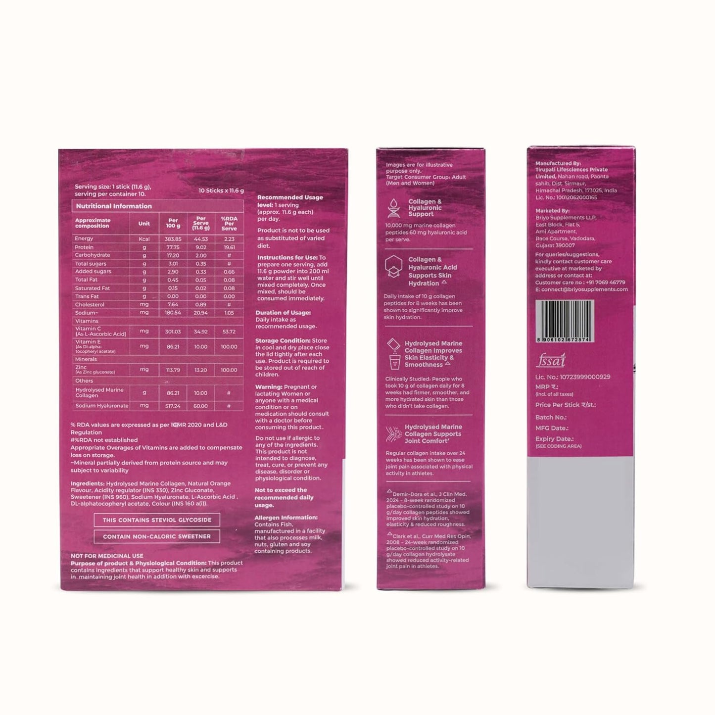 Three views of a pink supplement package with text and branding.