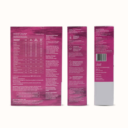 Three views of a pink supplement package with text and branding.