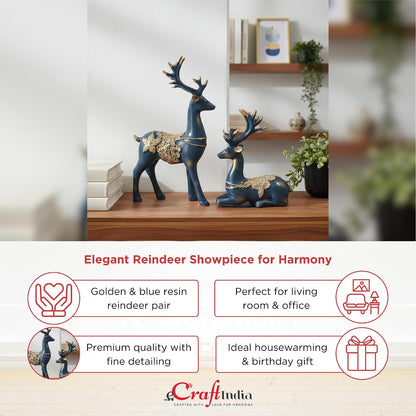 eCraftIndia Resin Reindeer Showpiece for Home Decor Living Room (Pack of 2 Golden Blue) | Vastu Feng Shui Items for Good Luck Gift for Housewarming Birthday