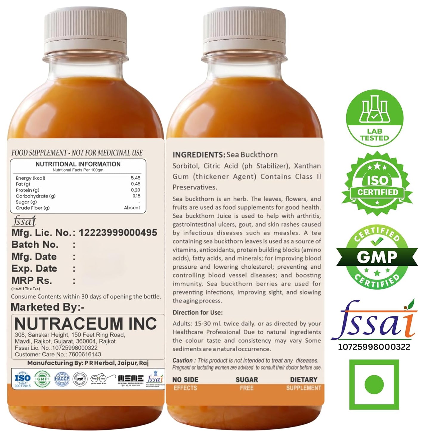 Nutrasium Sea Buckthorn Juice - 300 ml | Pulp Concentrate Made for Your Total Wellness Support |Natural Source of Vitamin C, Omega 3 6 7 9, Antioxidants For Immunity, Skin Glow & Gut Health