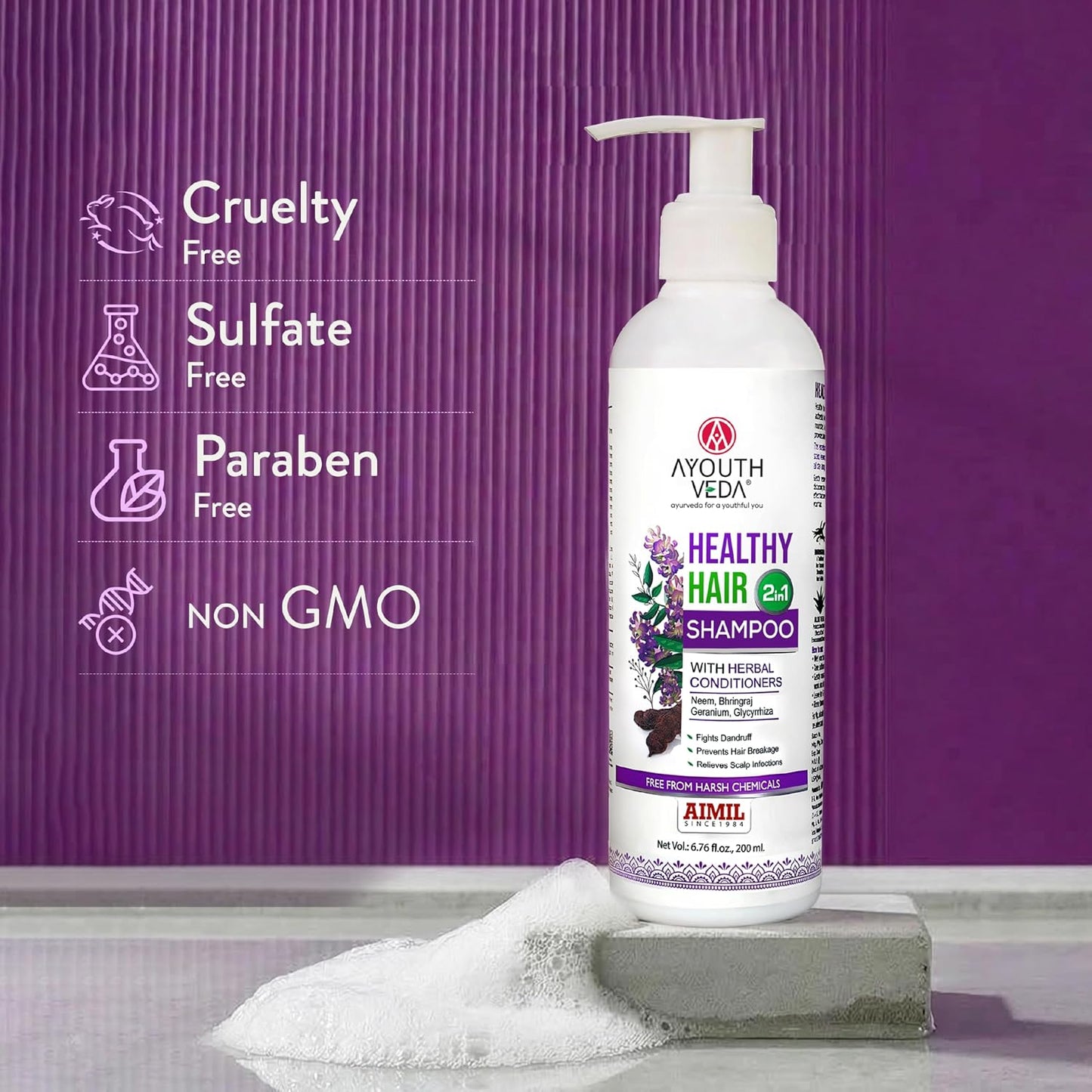 Ayouthveda Healthy Hair Shampoo with Bhringraj & Shikakai | 2-in-1 Shampoo & Conditioner | Ayurvedic Care with Neem & Lemon | Cleanses Scalp & Nourishes Hair | For All Hair Types | 200 ml (Pack of 1)