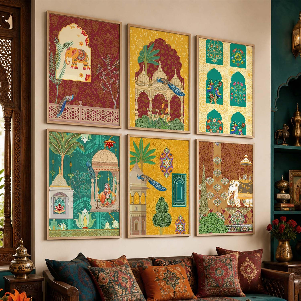 Indian Madhubani & Pichwai Wall Art | Traditional Framed Paintings for Living Room, Bedroom & Office Decor | Set of 6, 10x13 Inch