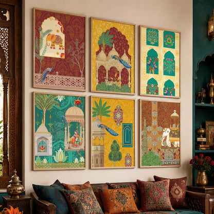 Indian Madhubani & Pichwai Wall Art | Traditional Framed Paintings for Living Room, Bedroom & Office Decor | Set of 6, 10x13 Inch