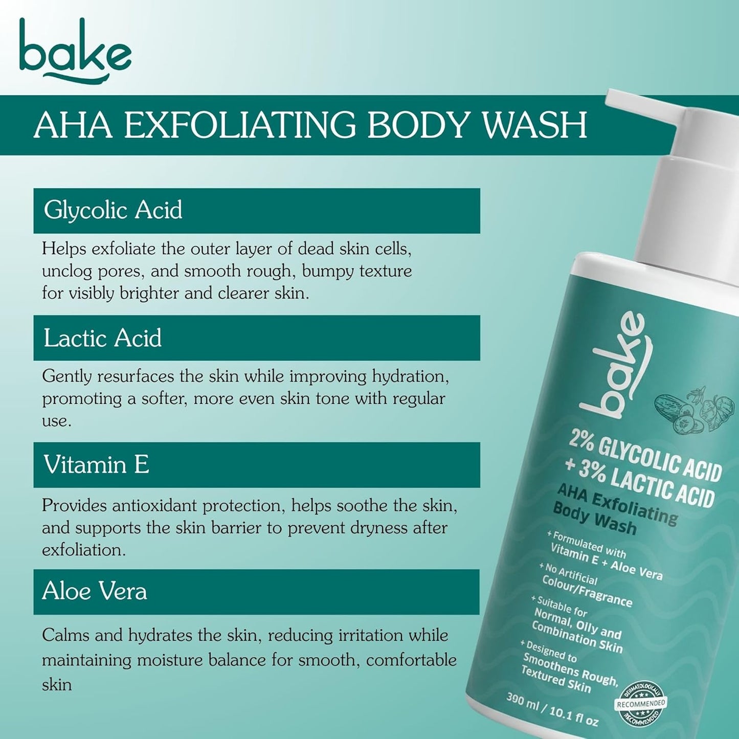 BAKE 2% Lactic & Glycolic Acid Body Wash for Tan Removal, Strawberry & Uneven Skin | Anti-Bacterial & Inflammatory | For Dry, Rough & Bumpy Skin | For Women & Men | 300ml