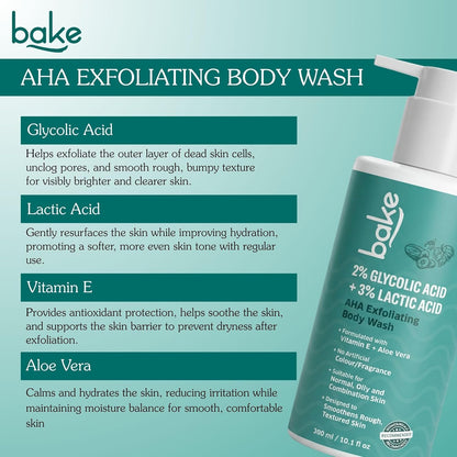 BAKE 2% Lactic & Glycolic Acid Body Wash for Tan Removal, Strawberry & Uneven Skin | Anti-Bacterial & Inflammatory | For Dry, Rough & Bumpy Skin | For Women & Men | 300ml