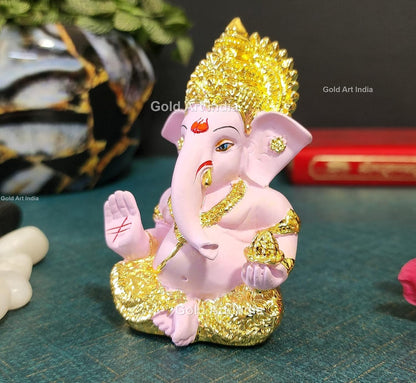 Gold Art India Gold Plated Ganesha with Terracotta Colour - Perfect for Car Dashboards, Office & Home Shelves, Diwali Puja, and Gifting (MukutGoldPink 3.5"), Idol