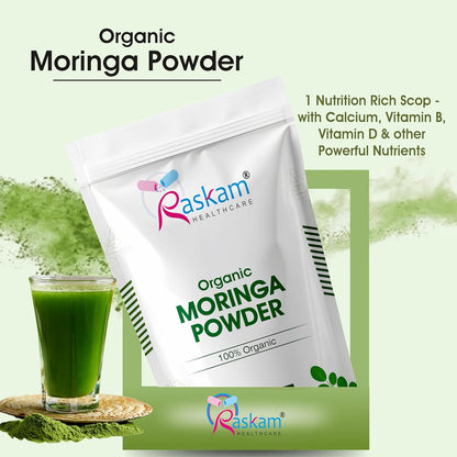 Raskam Organic Moringa Powder packaging with a glass of green juice on a light green background
