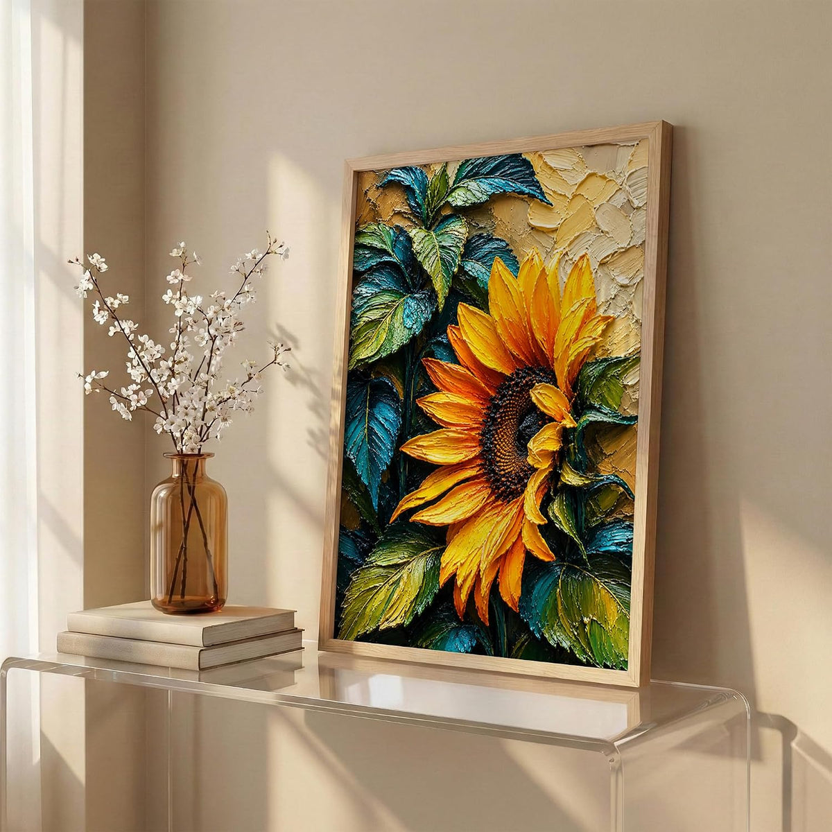 Sunflower Green Leaves Framed Wall Art, Natural, 10x13 Inches