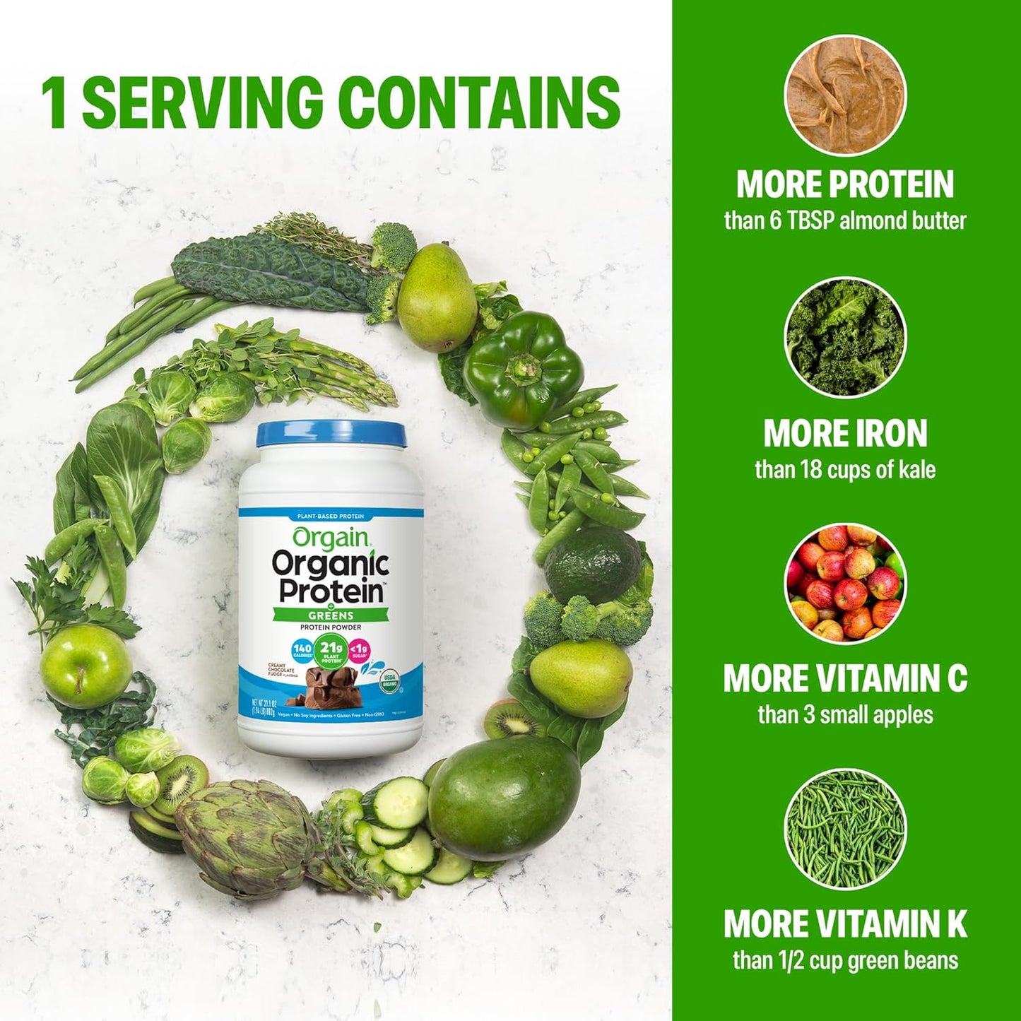 Orgain Organic Protein supplement surrounded by green vegetables with nutritional facts on a green background