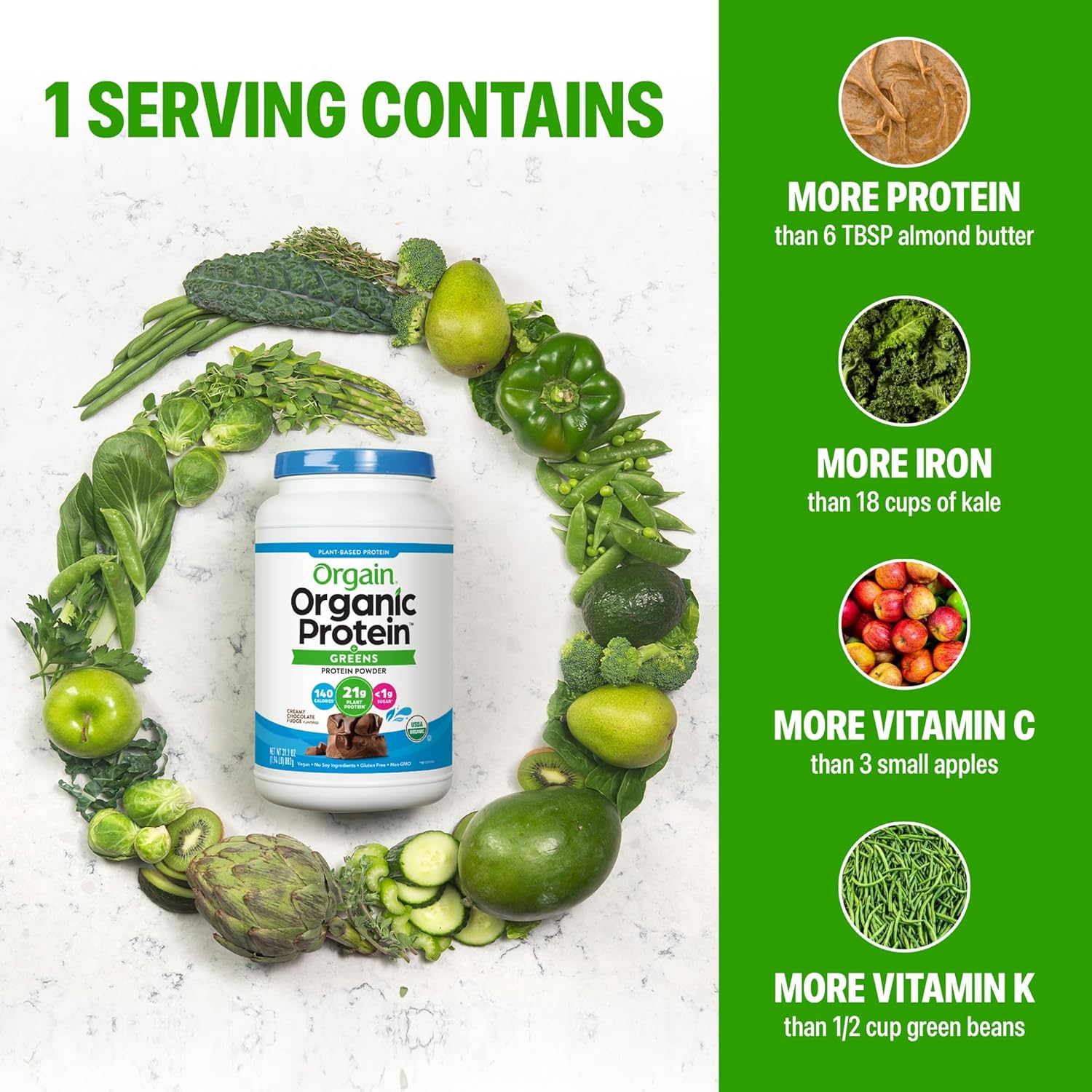 Orgain Organic Protein supplement surrounded by green vegetables with nutritional facts on a green background