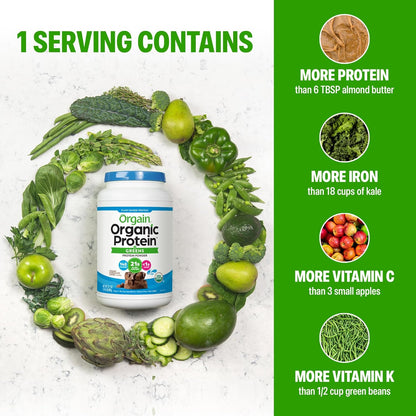 Orgain Organic Protein supplement surrounded by green vegetables with nutritional facts on a green background