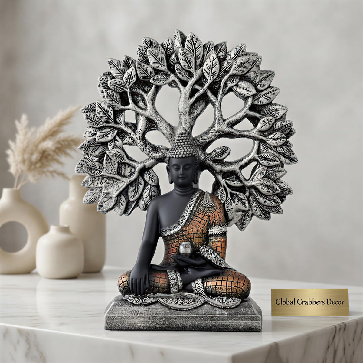 Global Grabbers Buddha Statue Showpiece Idol Home Decor Decoration Items for Living Room and Gifts (Silver Black Copper)