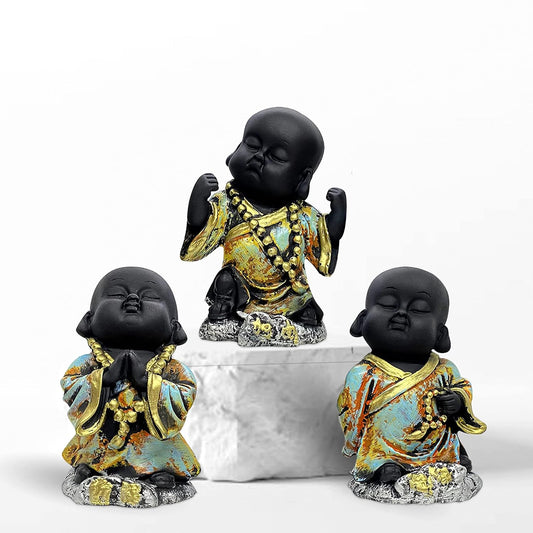Mesmerizing Meditating Monks Figurine for Home Decor | Enhances Positive vobes and Brings Prosperity (Pack of 3, Multicolor)
