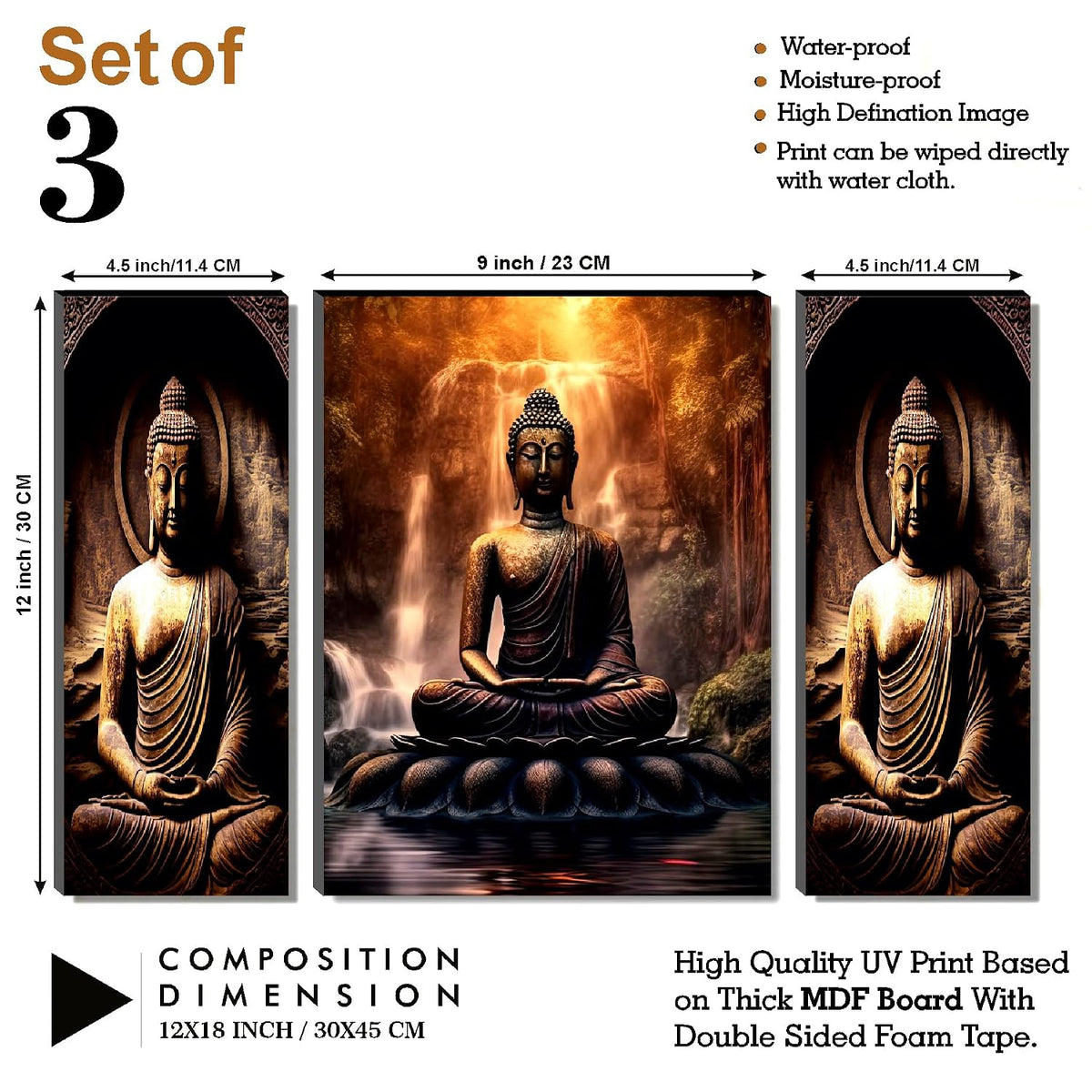 Tranquil Buddha & Waterfall Wall Art – 3-Panel UV-Printed Zen Triptych | Ready-to-Hang Meditation & Home Décor (20 Inch x 12 Inch) JM-35294