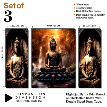 Tranquil Buddha & Waterfall Wall Art – 3-Panel UV-Printed Zen Triptych | Ready-to-Hang Meditation & Home Décor (20 Inch x 12 Inch) JM-35294