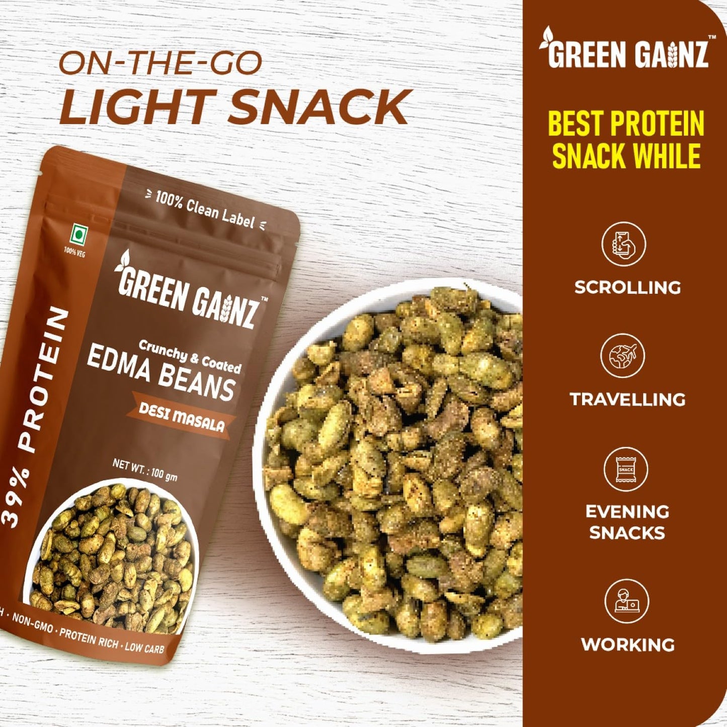 Green Gainz Roasted Edamame New Desi Masala Flavour | Healthy Namkeen Snacks | Protein Rich Snacks | High Protein Clean Label | Protein Rich Namkeen | No Palm Oil (pack of 1-100gm each)