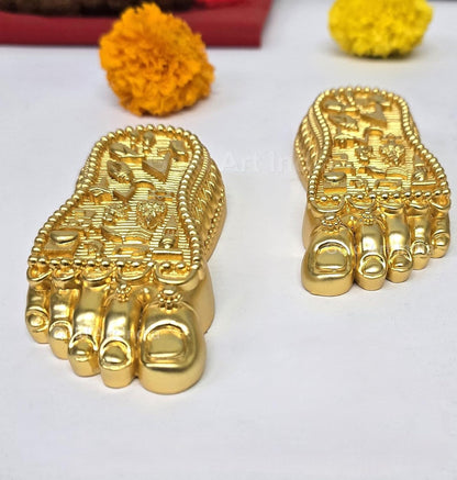 Gold Art India Shri Laxmi Charan Paduka Gold Plated Matte | Bhagyam Lakshmi Charan Idol | Maa Lakshmi Blessings Feet for Office Home Temple Decor | Ideal for Laxmi Puja Housewarming Gifts (4.5" Inch)