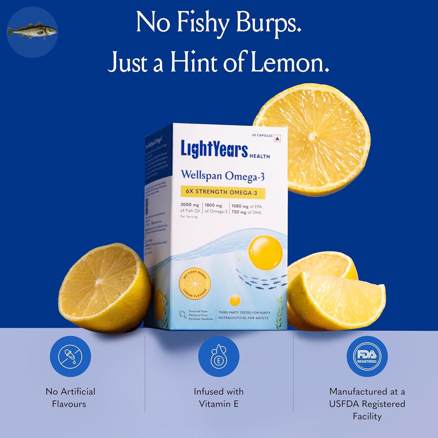LightYears Wellspan Omega 3 Fish Oil Capsules | 6X Strength | 3000 mg Fish Oil with 1800 mg EPA DHA for Men & Women | Mercury-Free | Lemon Flavoured for No Fishy Burps | 3rd Party Tested | 60 Capsules