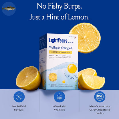 LightYears Wellspan Omega 3 Fish Oil Capsules | 6X Strength | 3000 mg Fish Oil with 1800 mg EPA DHA for Men & Women | Mercury-Free | Lemon Flavoured for No Fishy Burps | 3rd Party Tested | 60 Capsules