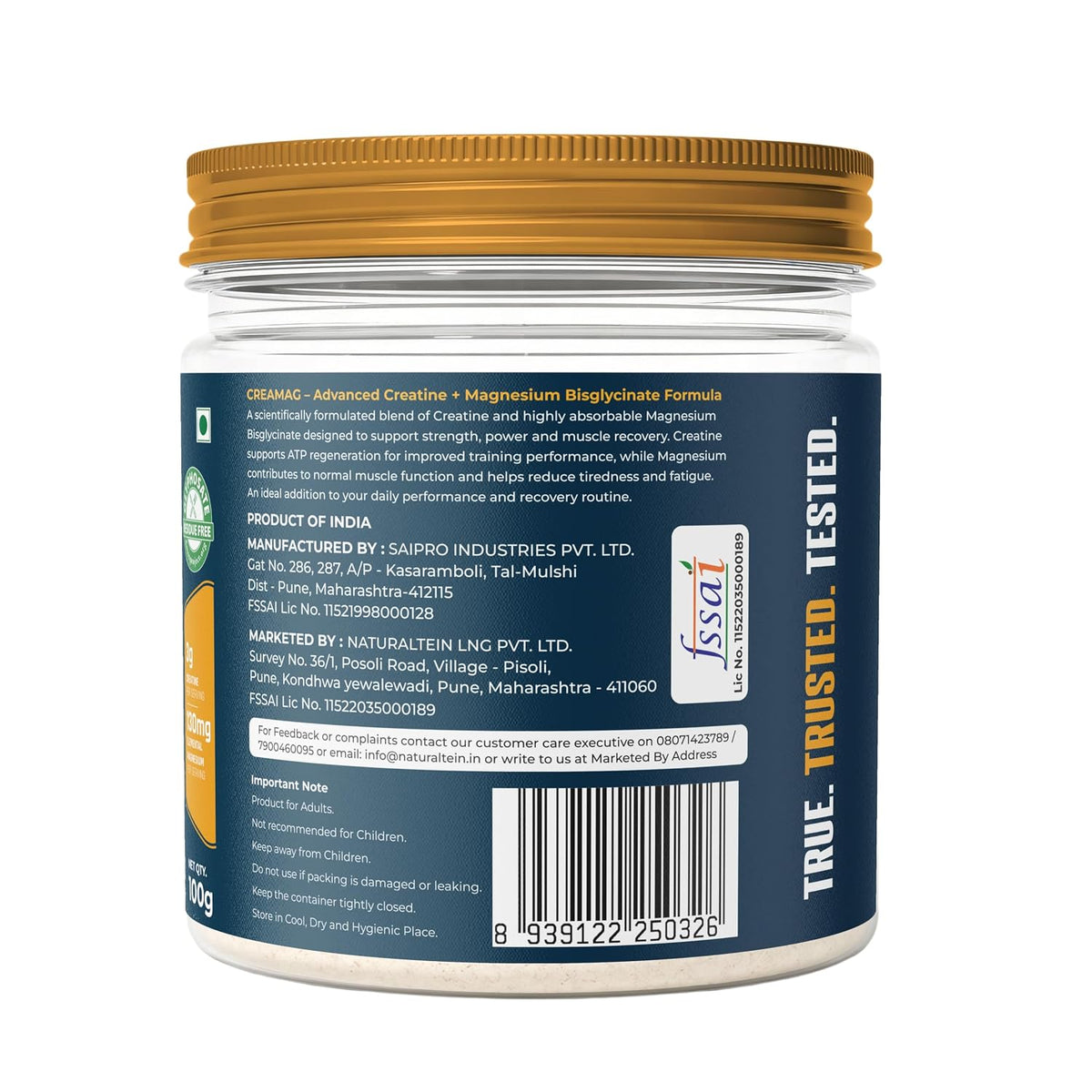 Naturaltein Creamag Boost Creatine 3g + Magnesium Bisglycinate 130mg Supplement Powder, Orange Flavour, Supports Strength, Energy & Recovery, 100g (20 Servings)