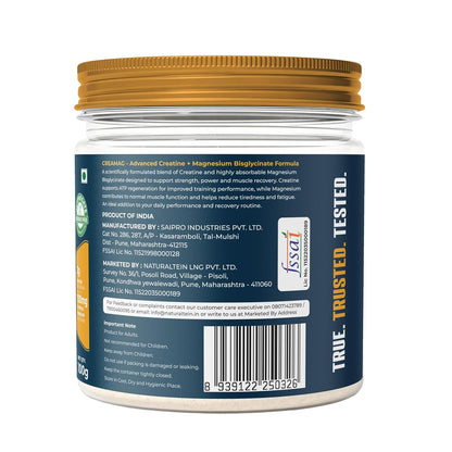 Naturaltein Creamag Boost Creatine 3g + Magnesium Bisglycinate 130mg Supplement Powder, Orange Flavour, Supports Strength, Energy & Recovery, 100g (20 Servings)