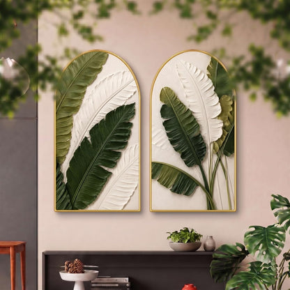 Set of 2 Tropical Leaf Wall Painting for Living Room, Green Botanical Modern Artwork, PVC Golden Frame, Arch Shape Wall Decor for Bedroom, Hall, Office & Gift (30 x 32 Inch) RPNL-02-115
