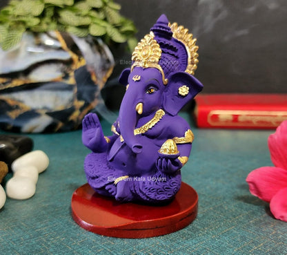 Handcrafted Poly Resin Ganesha Statue with Base - Perfect for Car Dashboard, Office Desk, Shelves, and Home Decor - Ideal Housewarming Gift! (MukutVioletMDF)