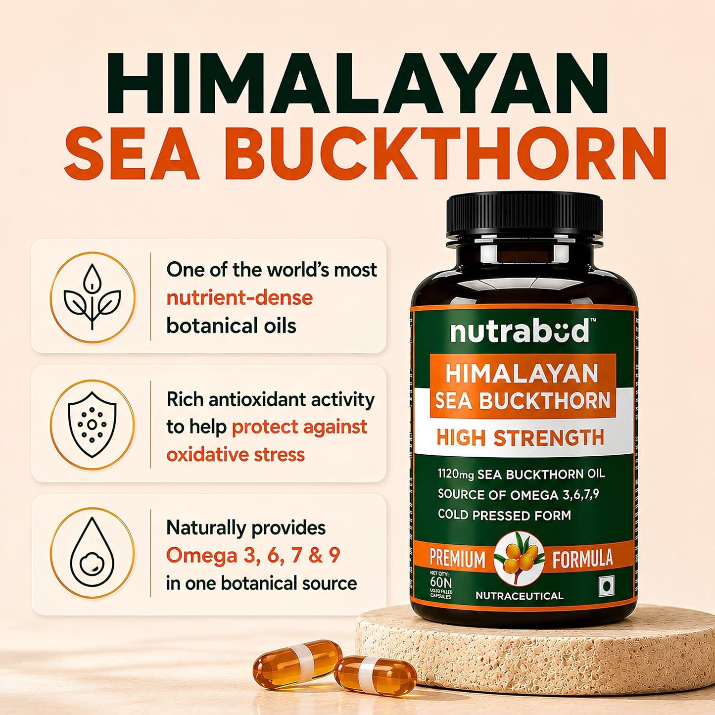 Nutrabud Himalayan Sea Buckthorn Berry Oil -1120mg per serving - Cold-Pressed Vegetarian Omega 3,6,7,9 Oil for Skin Glow, Immunity & Gut Health Supplement (60 Count (Pack of 1), Unflavoured)