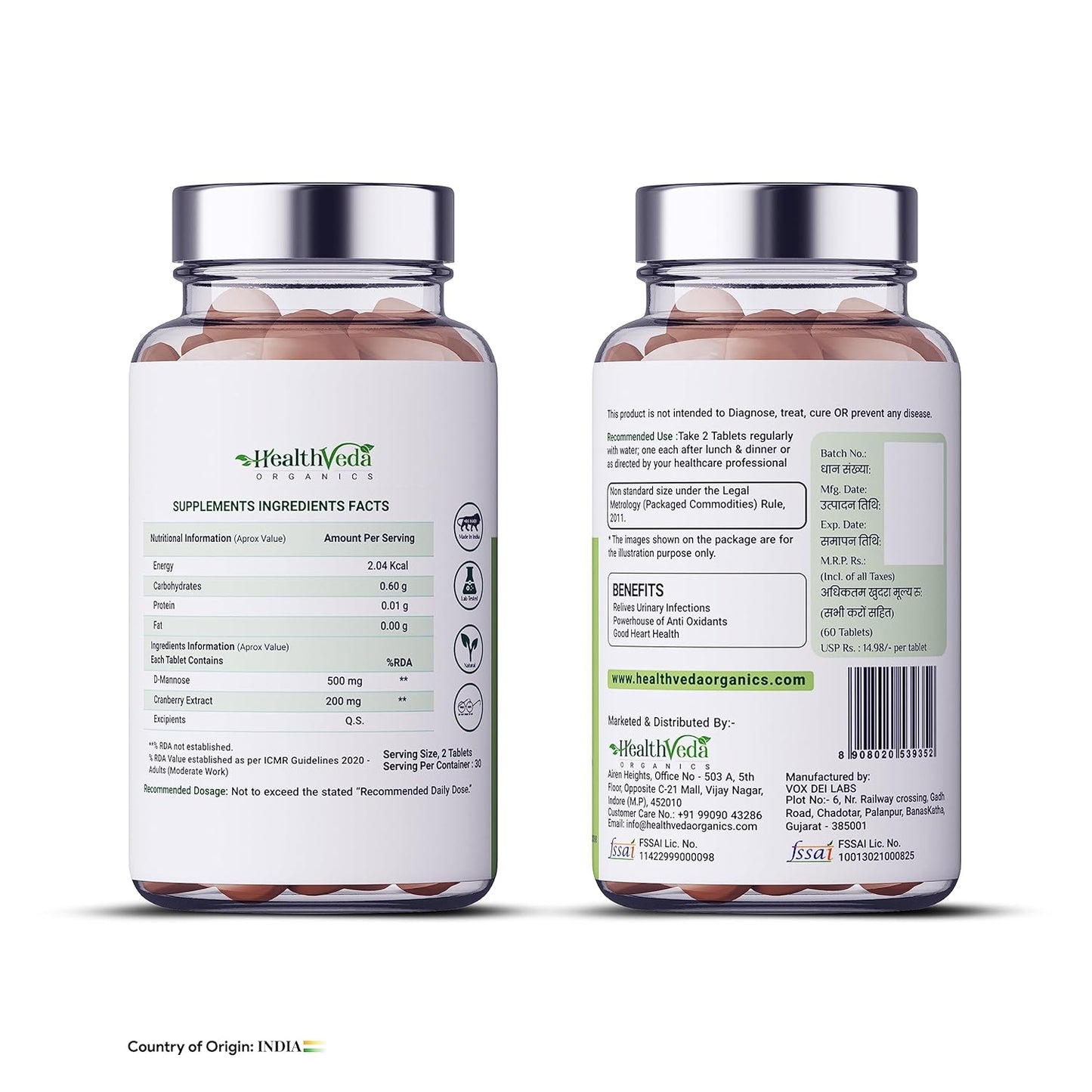 Zephivo HEALTH VEDA ORGANICS PRIVATE LIMITED D-Mannose 500 mg + Cranberry Extract 200 mg | 60 Veg Tablets I Supports Kidney Health & Urinary Tract Infection