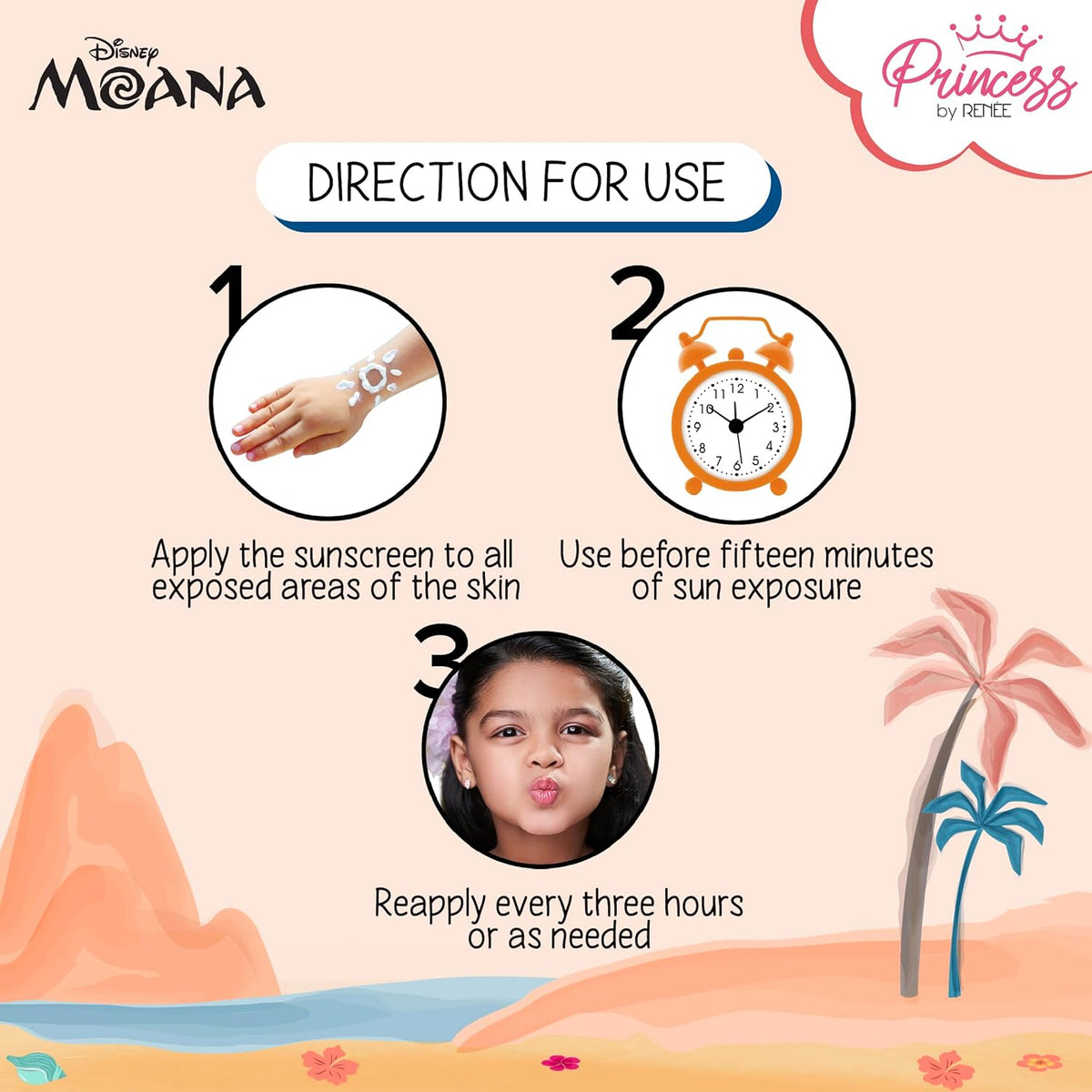 Sunscreen application instructions with Disney Moana branding on a scenic background