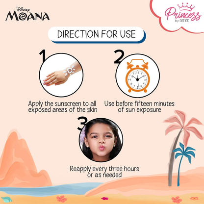 Sunscreen application instructions with Disney Moana branding on a scenic background