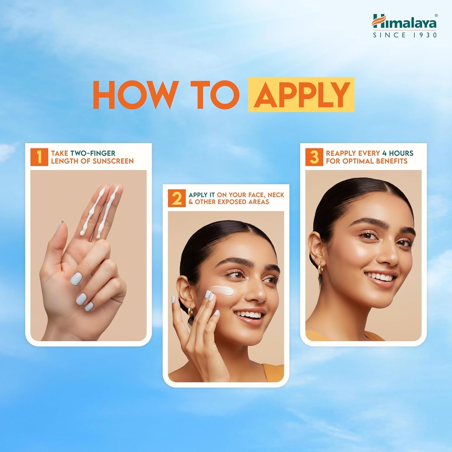 Instructions on how to apply sunscreen with a woman's face and hand, set against a blue sky background.