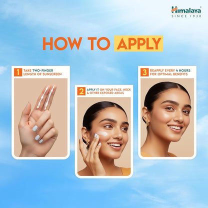 Instructions on how to apply sunscreen with a woman's face and hand, set against a blue sky background.