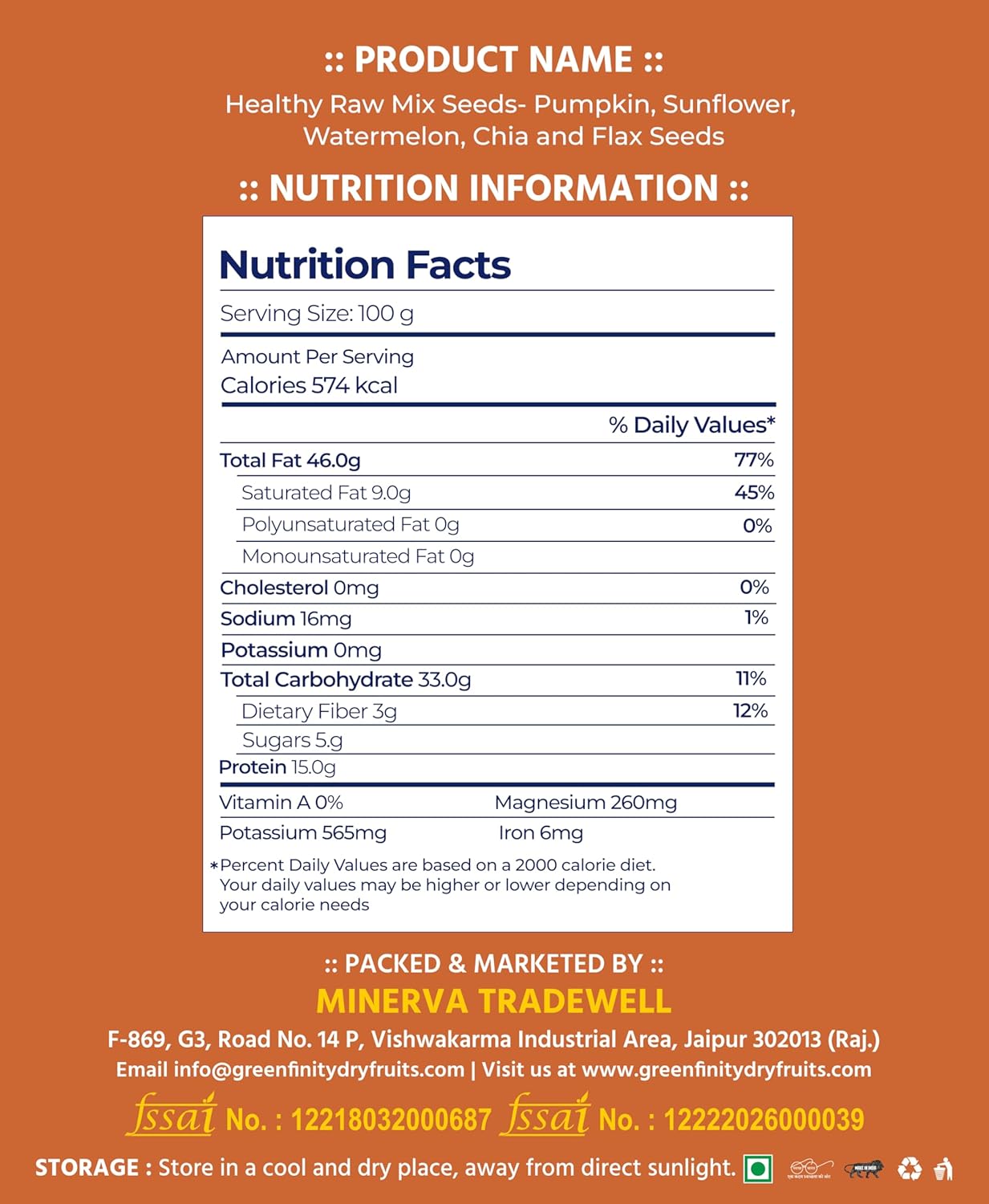 GreenFinity Healthy Raw Mix Seeds- Pumpkin, Sunflower, Watermelon, Chia and Flax Seeds | Rich in Omega 3 Fiber and Antioxidant | Ideal for Weight Management, Immunity Booster, Salads and Baking (250g)