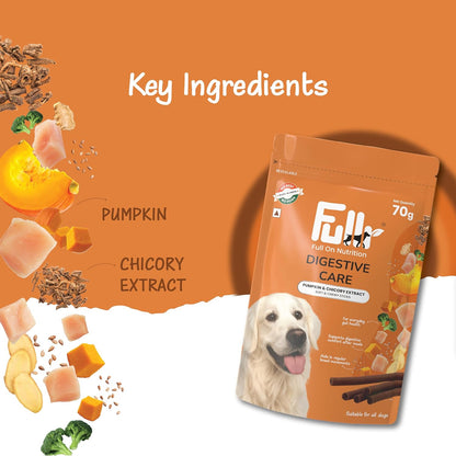 Fullr Digestive Care Dog Treats | Soft & Chewy Sticks with Pumpkin & Spinach | Supports Digestion, Gut Health & Immunity | Healthy Dog Treats for All Breeds & All Life Stages,70g