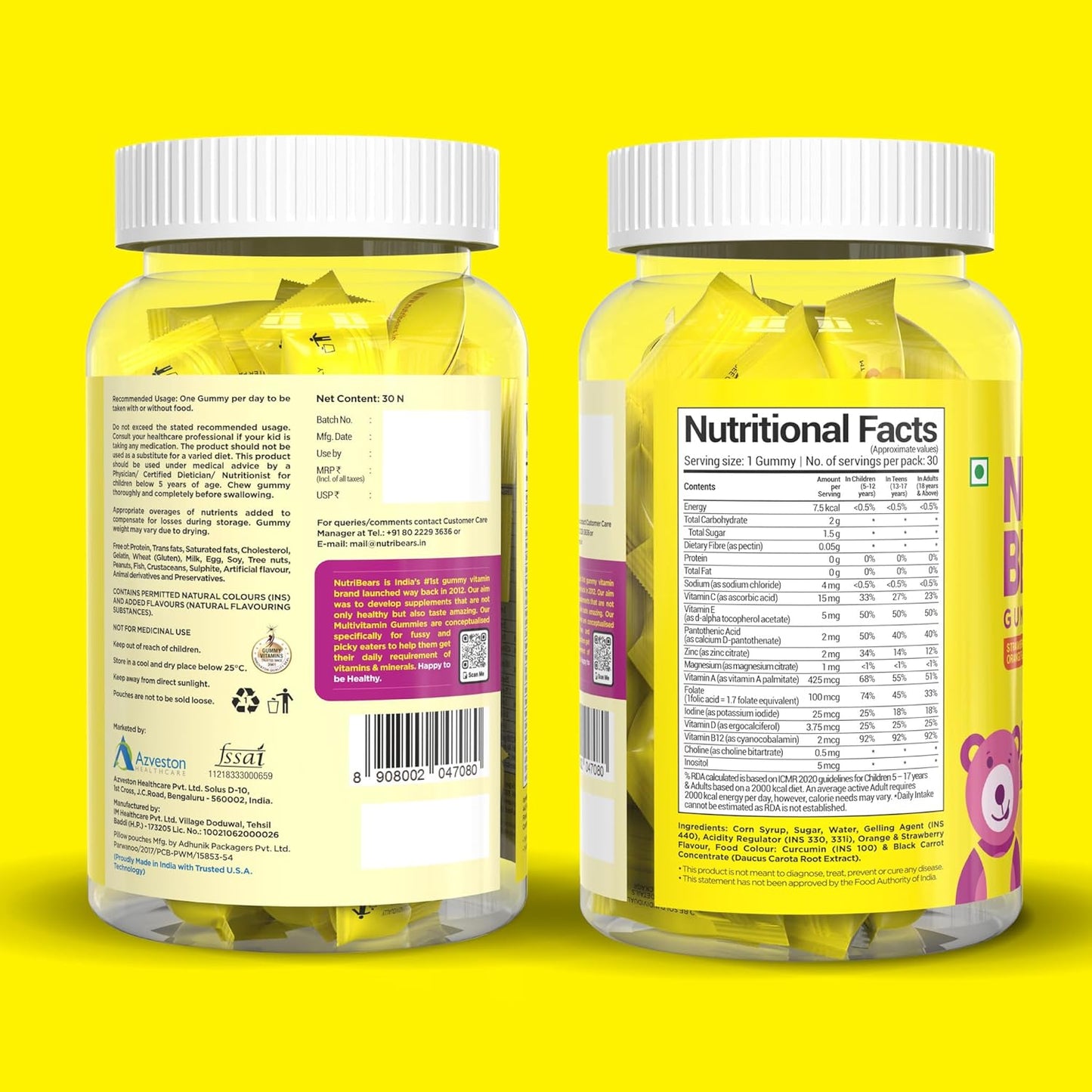 NutriBears Kids Multivitamin Gummies | 12 Essential Nutrients | No Artificial Colours or Sweeteners | Low Sugar | Immunity, Growth & Brain Development | Age 2-12 | Strawberry & Orange | 30 Gummy Bears