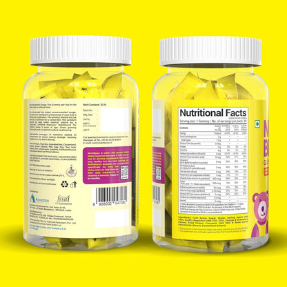 NutriBears Kids Multivitamin Gummies | 12 Essential Nutrients | No Artificial Colours or Sweeteners | Low Sugar | Immunity, Growth & Brain Development | Age 2-12 | Strawberry & Orange | 30 Gummy Bears