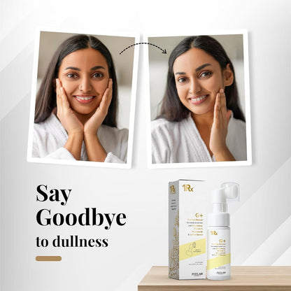 Cosmetic product with packaging and a woman showing improved skin.