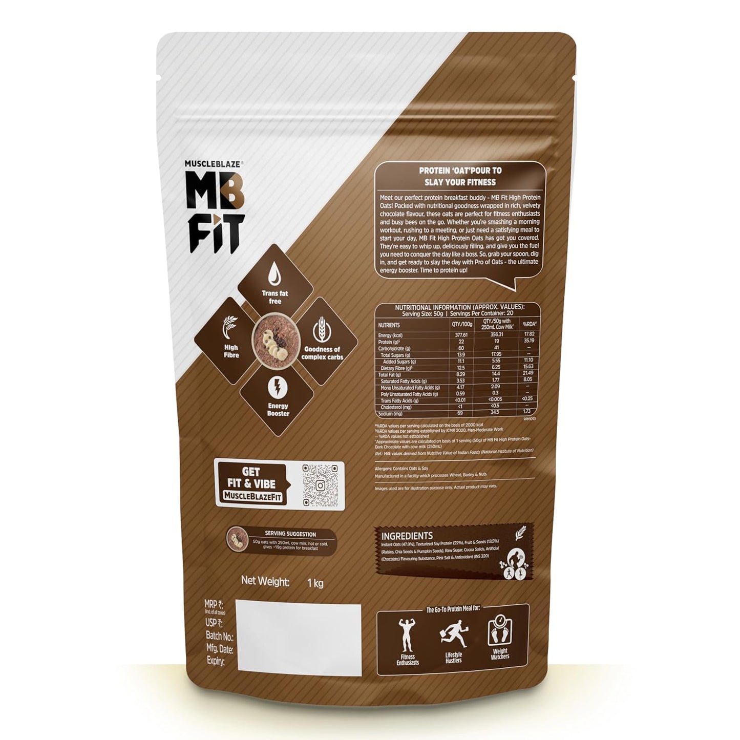 MuscleBlaze Fit High Protein Oats (Dark Chocolate, 400g) | 22g Protein | Breakfast Cereals for Weight Management