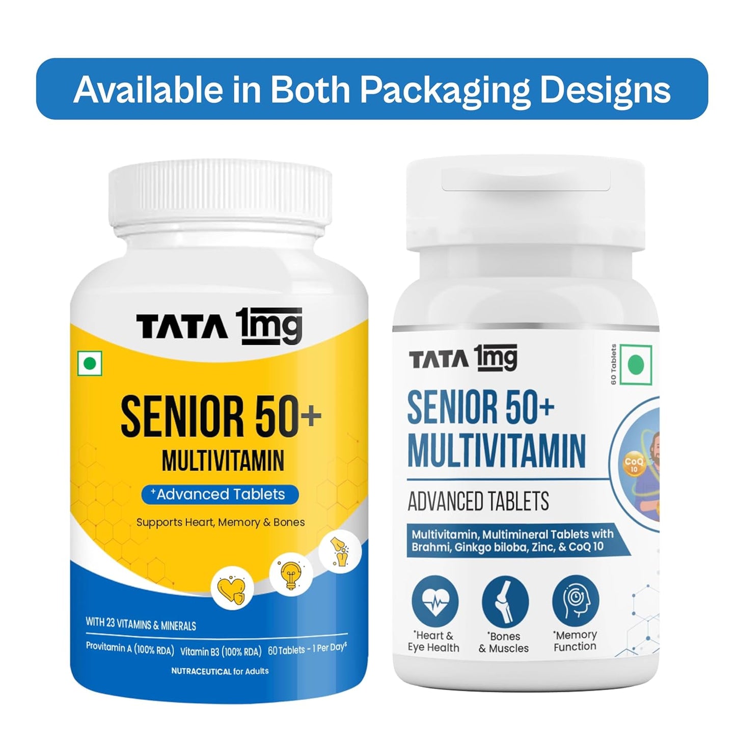 Tata 1mg Senior 50+ Multivitamin & Multimineral Veg Tablet with Calcium for Bone, Skin, Eye, Immunity, Heart & Joints, For Men & Women, Non-GMO & No Added Preservatives (Pack Of 60)