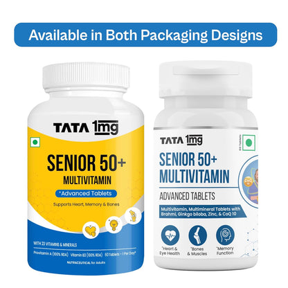 Tata 1mg Senior 50+ Multivitamin & Multimineral Veg Tablet with Calcium for Bone, Skin, Eye, Immunity, Heart & Joints, For Men & Women, Non-GMO & No Added Preservatives (Pack Of 60)