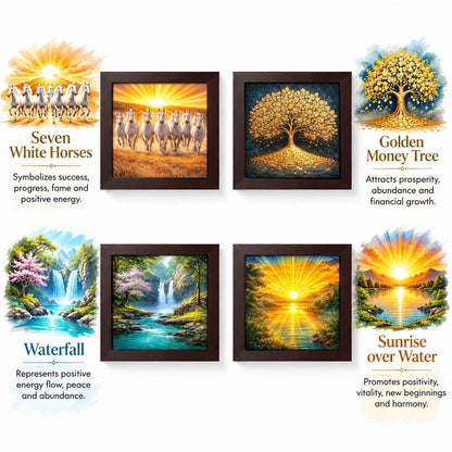 Vastu Combo Set | Rising Sun Sunrise | Waterfall Running Water | Golden Tree Kalpvriksh | Seven 7 White Running Horse | Set of 4 | Framed Poster