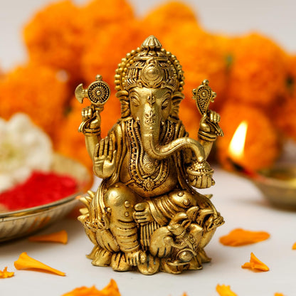 3.5 Inch Pure Brass Lord Ganesha Idol | Handcrafted Antique Finish Murti | Perfect for Pooja Room, Home Temple & Pooja | Ideal for Diwali, Housewarming & Festive Celebrations