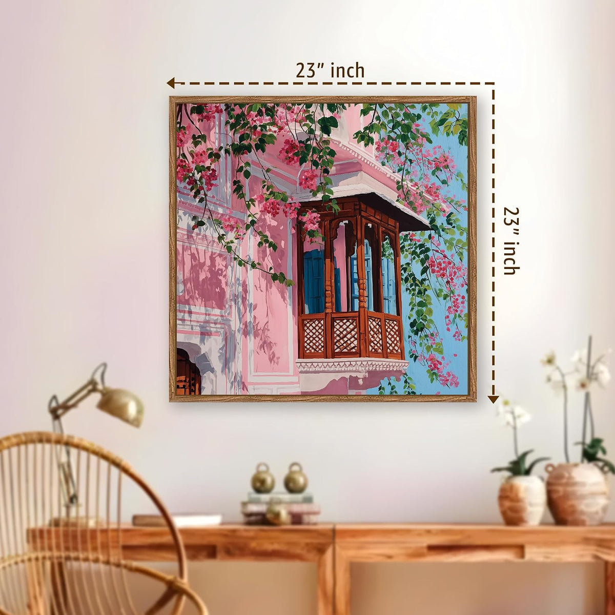 Jaipur Pink City Framed Painting For Living Room | Jharokha Art Large Canvas Painting With Frame Wall Art For Bedroom, Hallway's, Office, Hotel, Size 58x58 cm