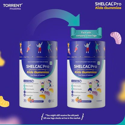 Two containers of Shelcal Pro Kids Gummies on a blue background with Torrent Pharma branding.