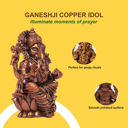 Pure Copper Ganeshji (Ganesha) Murti | Handcrafted Copper Idol for Pooja Room, Vastu Decor | Traditional & Auspicious Religious Hindu God Showpiece & Gift Item | 200gm (7x4 cm)